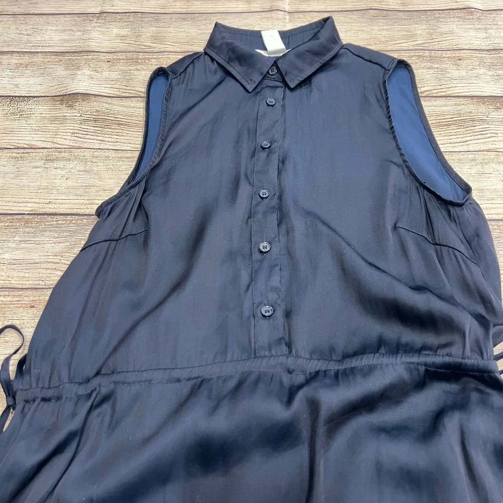 H&M Navy Blue Sleeveless Collared Button Front Drawstring‎ Waist Dress Size 4 - Picture 3 of 12